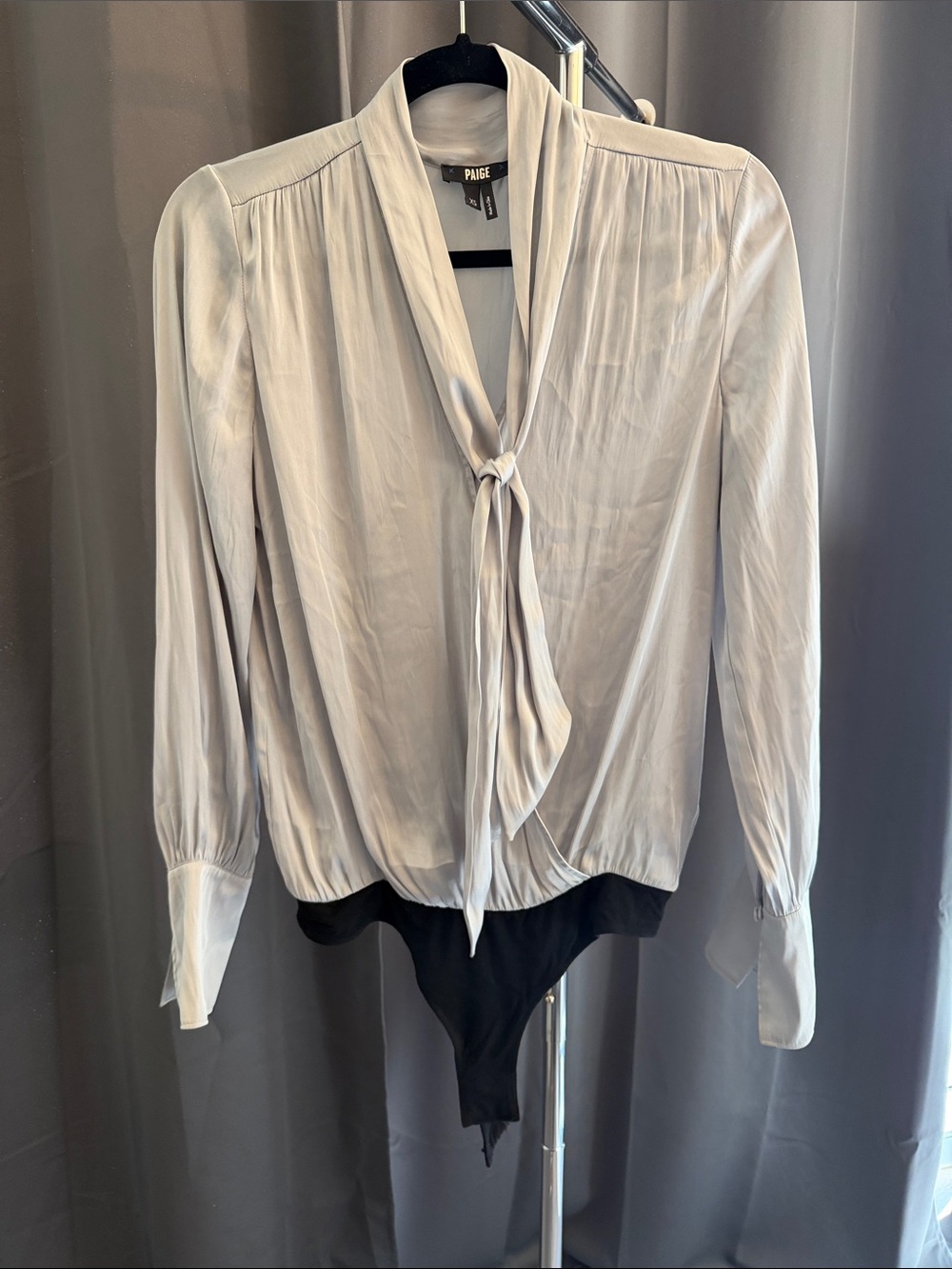 Paige silver/ dove gray silk Draped Wrap Bodysuit Top